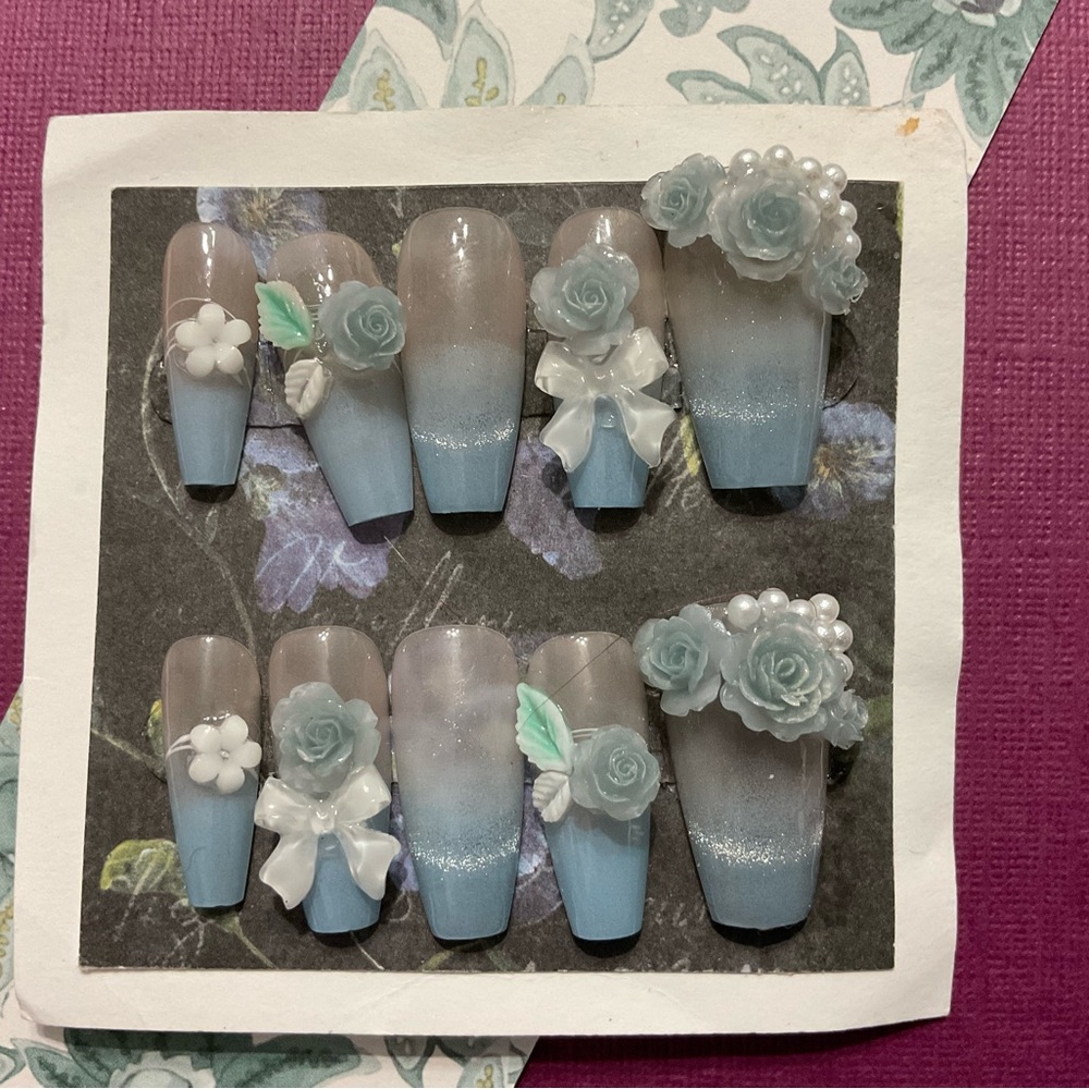 Size Large Blue & Gray Floral Press-On Nails ~Imagine Harmony Collection~ #111